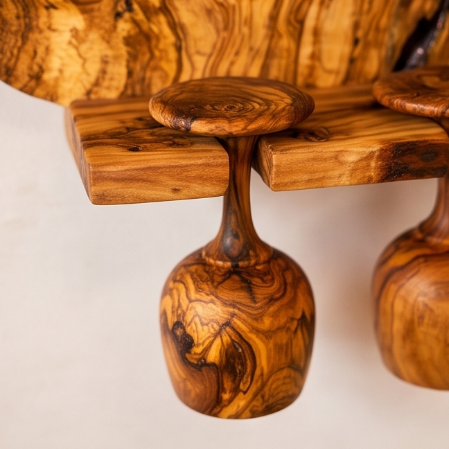 Olive Wood Wall Mounted Wooden Wine Bottle Holder Rack W/ Wooden Goblet Cups