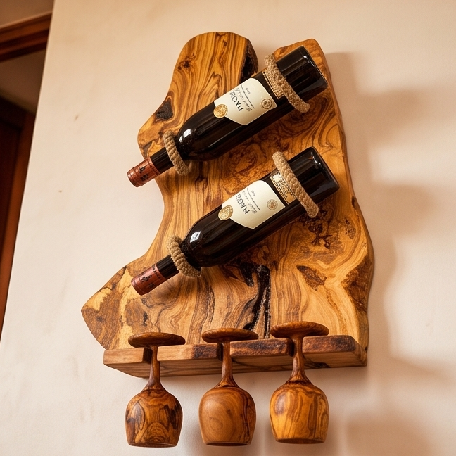 Olive Wood Wall Mounted Wooden Wine Bottle Holder Rack W/ Wooden Goblet Cups