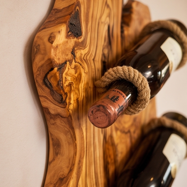 Olive Wood Wall Mounted Wooden Wine Bottle Holder Rack W/ Wooden Goblet Cups