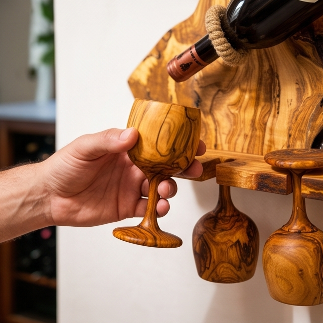 Olive Wood Wall Mounted Wooden Wine Bottle Holder Rack W/ Wooden Goblet Cups
