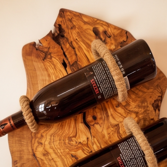 Olive Wood Wall Mounted Wooden Wine Bottle Holder Rack W/ Wooden Goblet Cups