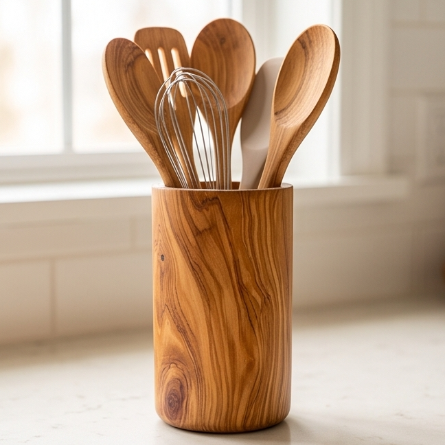 Olive Wood Cutlery & Utensils Holder 15 cm, natural, handmade, gift