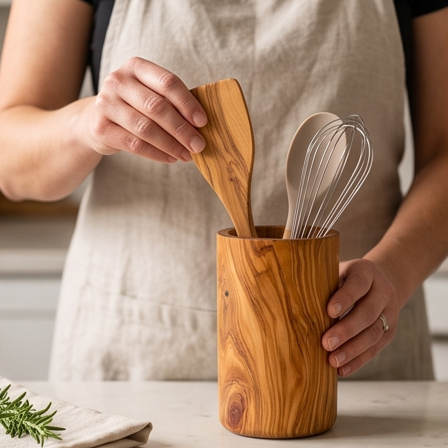 Olive Wood Cutlery & Utensils Holder 15 cm, natural, handmade, gift