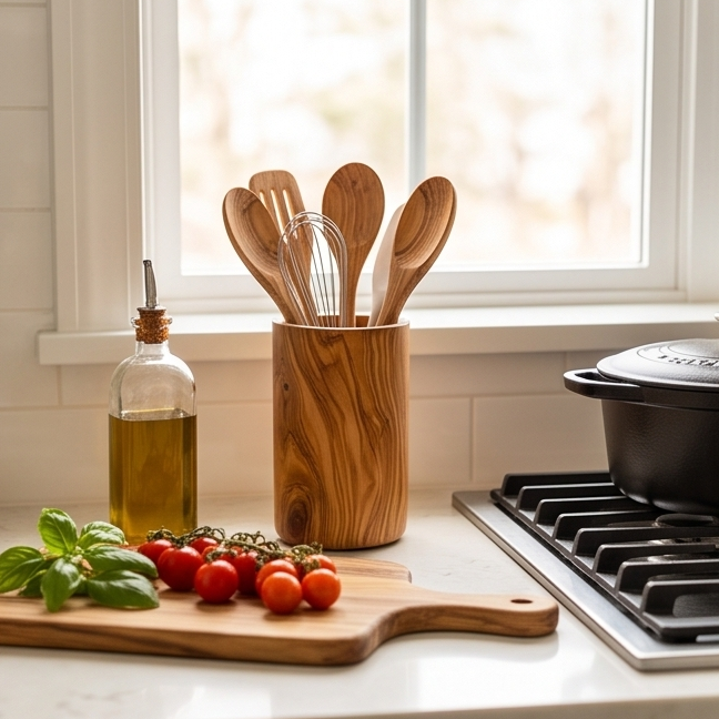 Olive Wood Cutlery & Utensils Holder 15 cm, natural, handmade, gift
