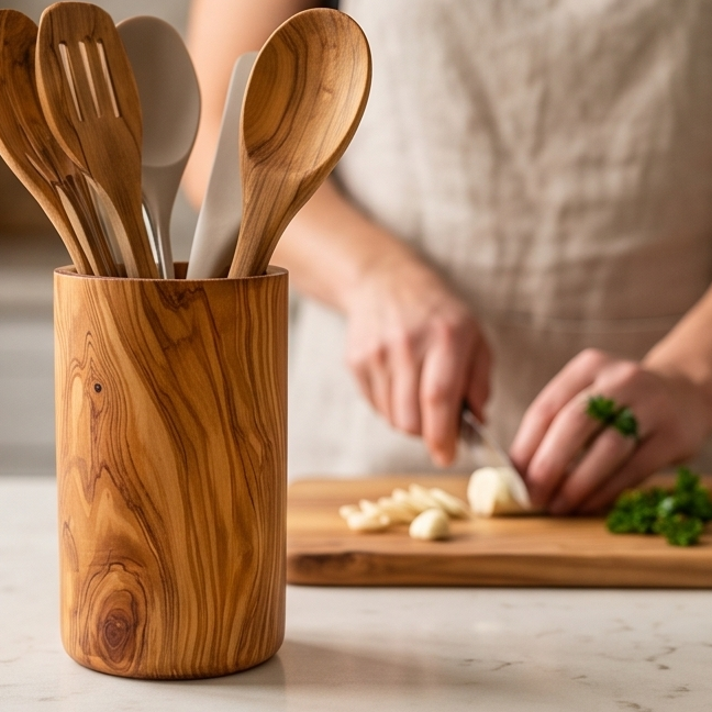 Olive Wood Cutlery & Utensils Holder 15 cm, natural, handmade, gift
