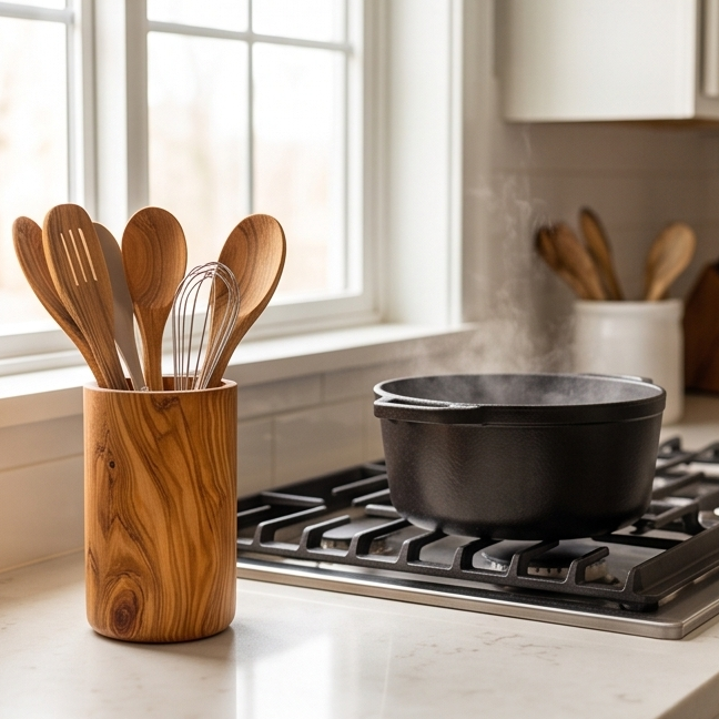 Olive Wood Cutlery & Utensils Holder 15 cm, natural, handmade, gift