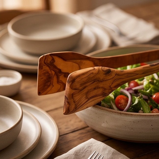 Olive Wood Handcrafted Wooden Salad Tongs