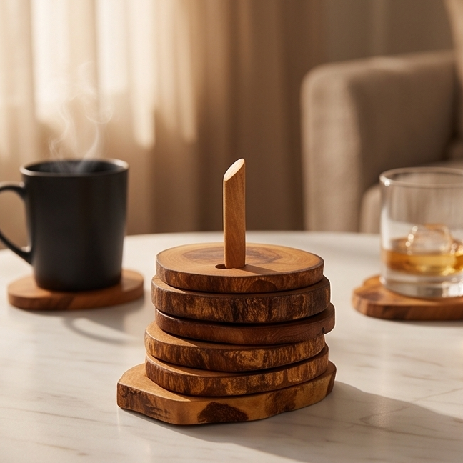 Olive Wood Rustic Coaster Set of 6 with Holder 12 cm