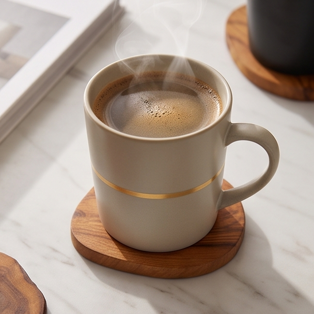 Olive Wood Rustic Coaster Set of 6 with Holder 12 cm