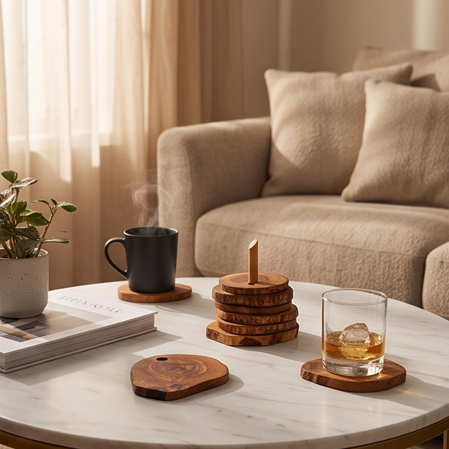 Olive Wood Rustic Coaster Set of 6 with Holder 12 cm
