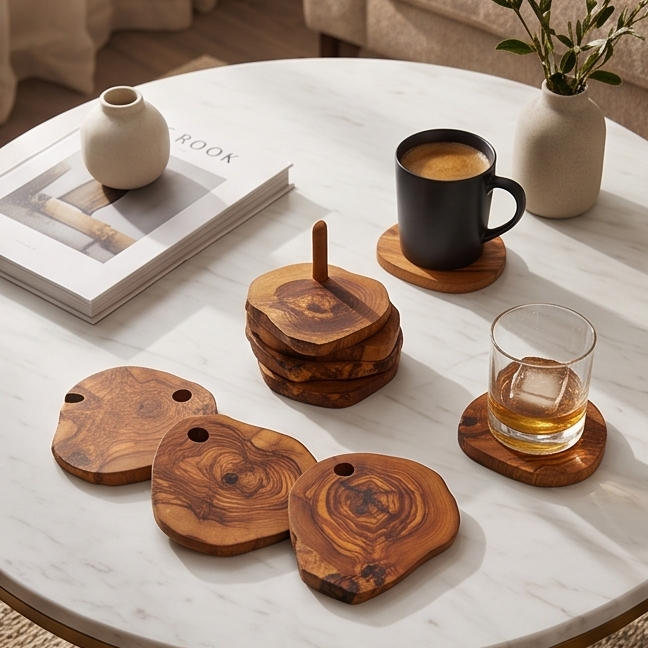 Olive Wood Rustic Coaster Set of 6 with Holder 12 cm