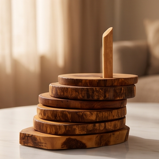 Olive Wood Rustic Coaster Set of 6 with Holder 12 cm