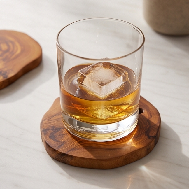 Olive Wood Rustic Coaster Set of 6 with Holder 12 cm
