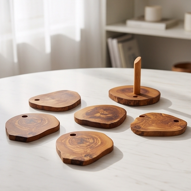 Olive Wood Rustic Coaster Set of 6 with Holder 12 cm