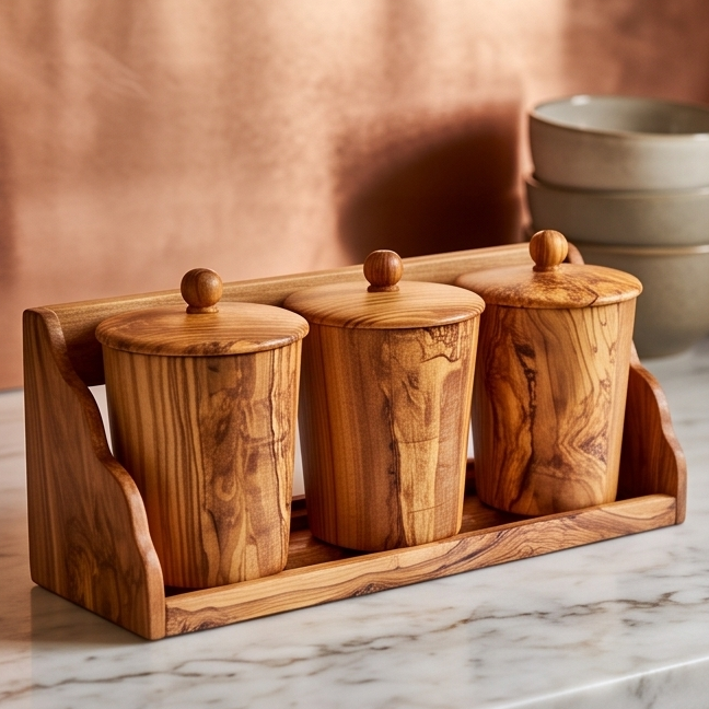 Olive Wood Wooden Spice Rack With 3 Containers & Lids