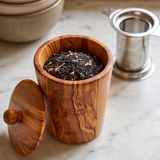Olive Wood Wooden Spice Rack With 3 Containers & Lids