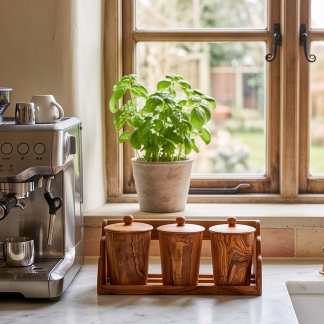Olive Wood Wooden Spice Rack With 3 Containers & Lids
