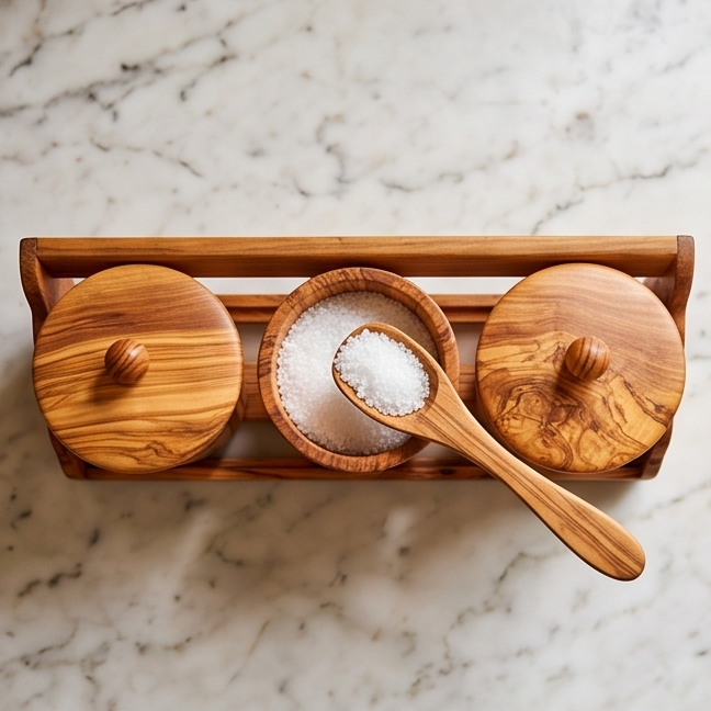 Olive Wood Wooden Spice Rack With 3 Containers & Lids