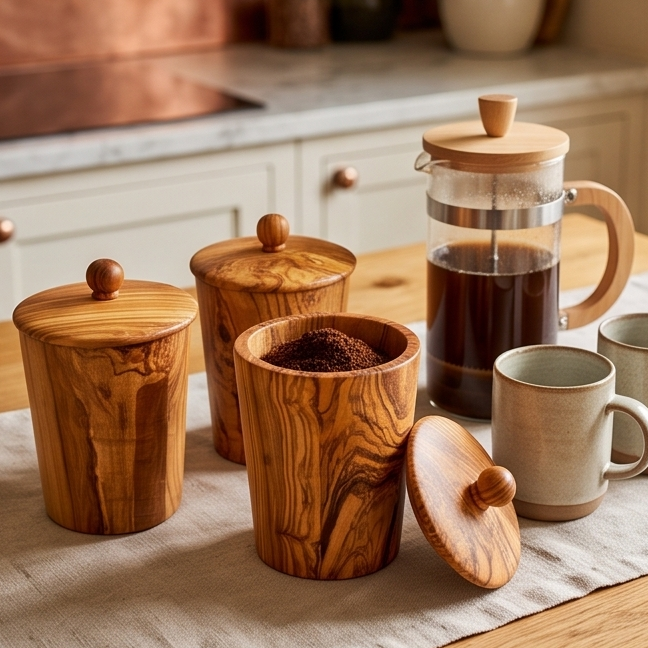 Olive Wood Wooden Spice Rack With 3 Containers & Lids