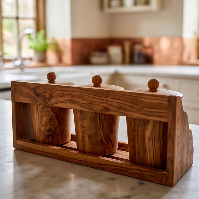 Olive Wood Wooden Spice Rack With 3 Containers & Lids