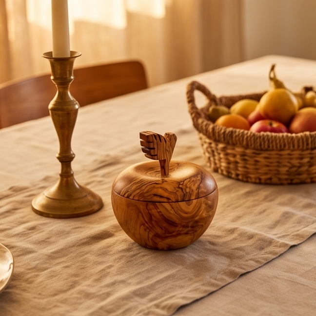 Olive Wood Handcrafted Apple Shape Wooden Sugar Spice Bowl W/ Lid | Unique Kitchen Decor Gift Housewarming