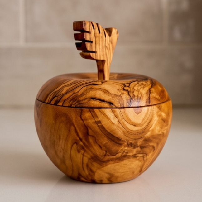 Olive Wood Handcrafted Apple Shape Wooden Sugar Spice Bowl W/ Lid | Unique Kitchen Decor Gift Housewarming