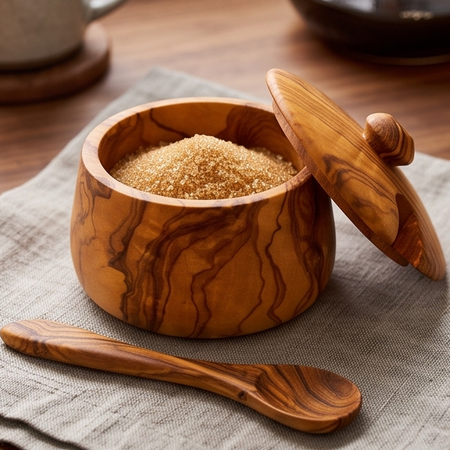 Olive Wood Handcrafted Tea Coffee Sugar Bowl W/ Spoon And Lid