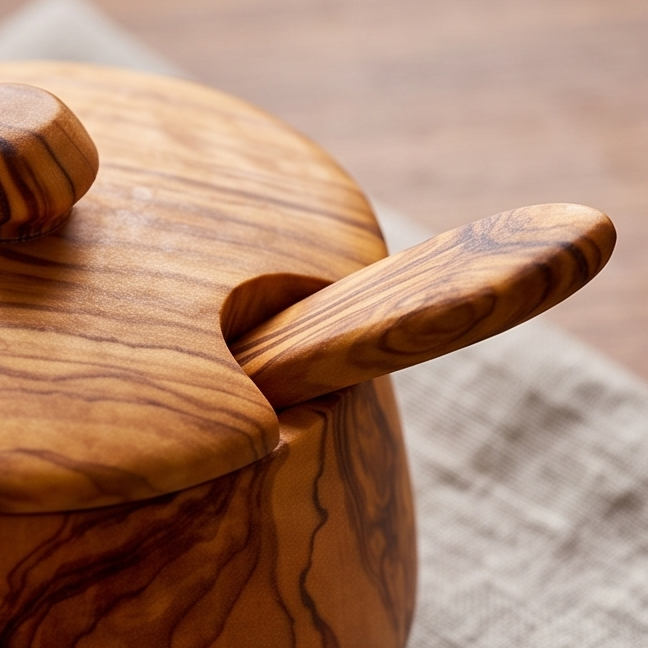 Olive Wood Handcrafted Tea Coffee Sugar Bowl W/ Spoon And Lid