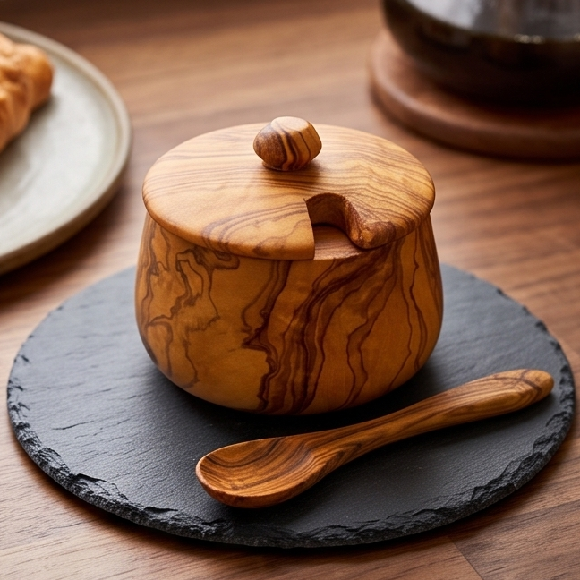 Olive Wood Handcrafted Tea Coffee Sugar Bowl W/ Spoon And Lid