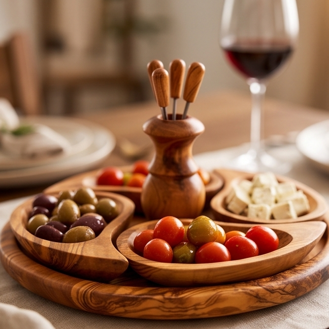 Olive Wood Handcrafted Wooden 4 Piece Appetizer Set Serving Tray/Platter W/ Skewers
