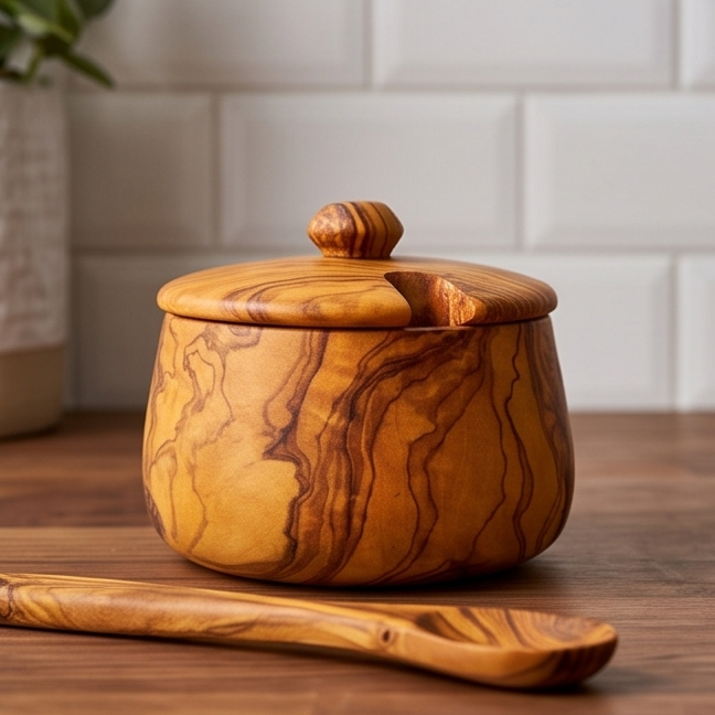 Olive Wood Handcrafted Tea Coffee Sugar Bowl W/ Spoon And Lid