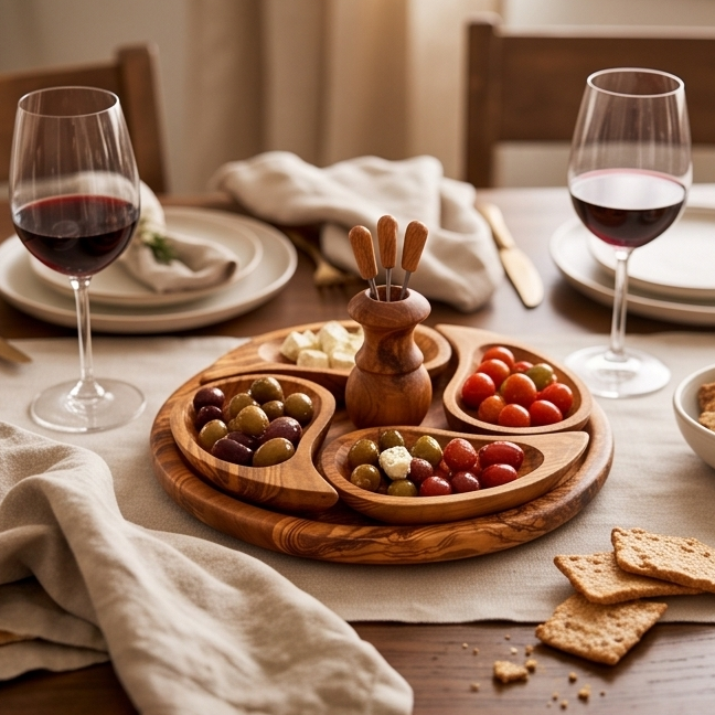 Olive Wood Handcrafted Wooden 4 Piece Appetizer Set Serving Tray/Platter W/ Skewers