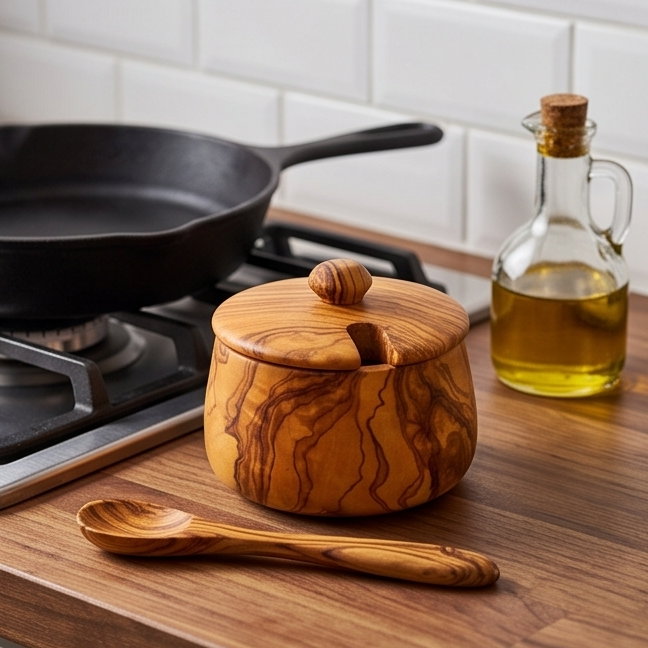 Olive Wood Handcrafted Tea Coffee Sugar Bowl W/ Spoon And Lid