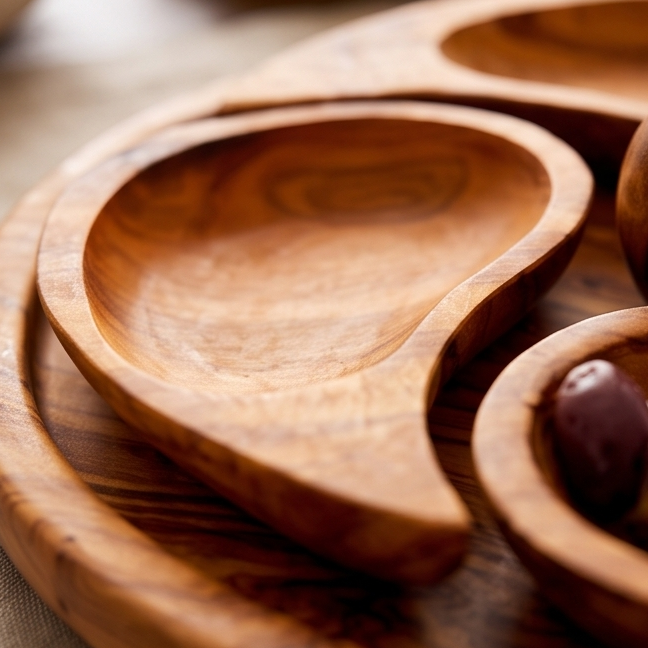 Olive Wood Handcrafted Wooden 4 Piece Appetizer Set Serving Tray/Platter W/ Skewers
