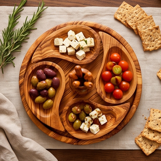 Olive Wood Handcrafted Wooden 4 Piece Appetizer Set Serving Tray/Platter W/ Skewers