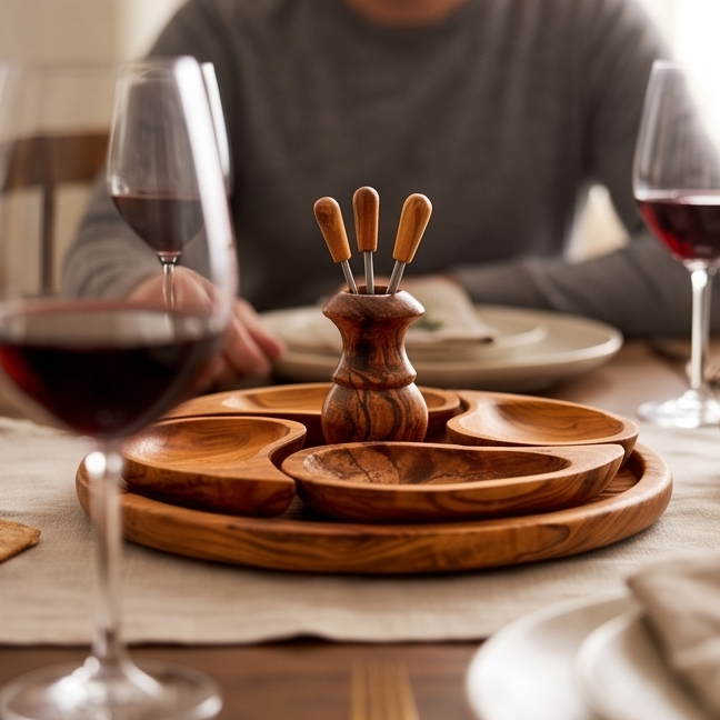 Olive Wood Handcrafted Wooden 4 Piece Appetizer Set Serving Tray/Platter W/ Skewers
