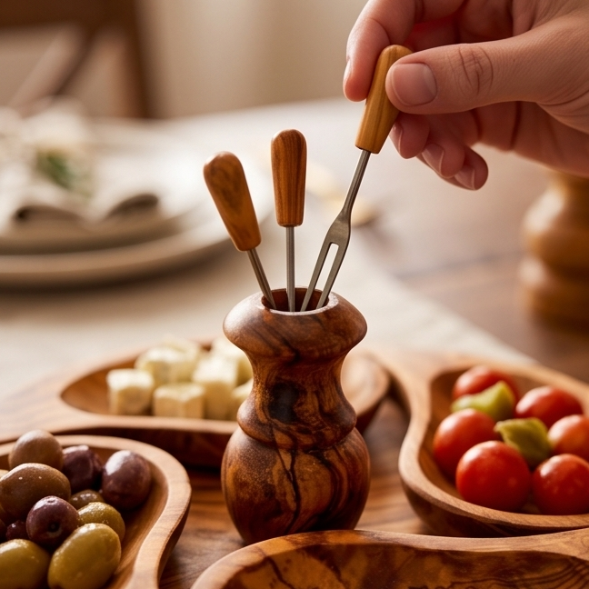 Olive Wood Handcrafted Wooden 4 Piece Appetizer Set Serving Tray/Platter W/ Skewers