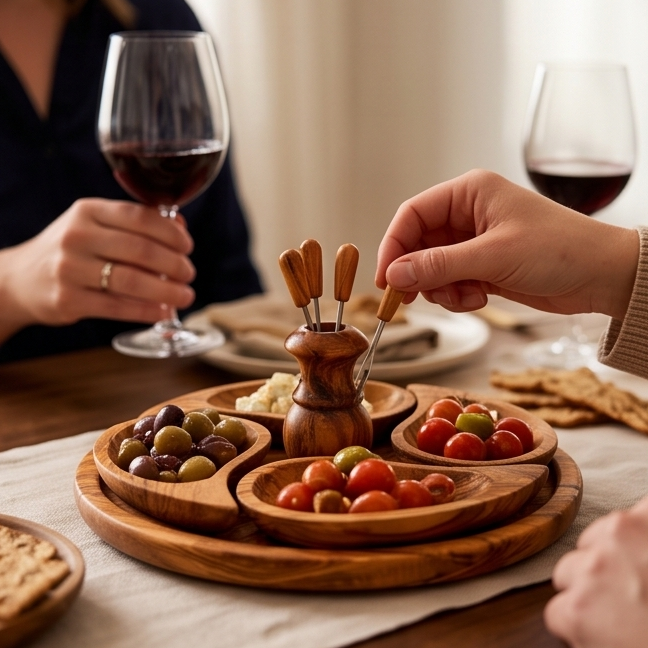 Olive Wood Handcrafted Wooden 4 Piece Appetizer Set Serving Tray/Platter W/ Skewers