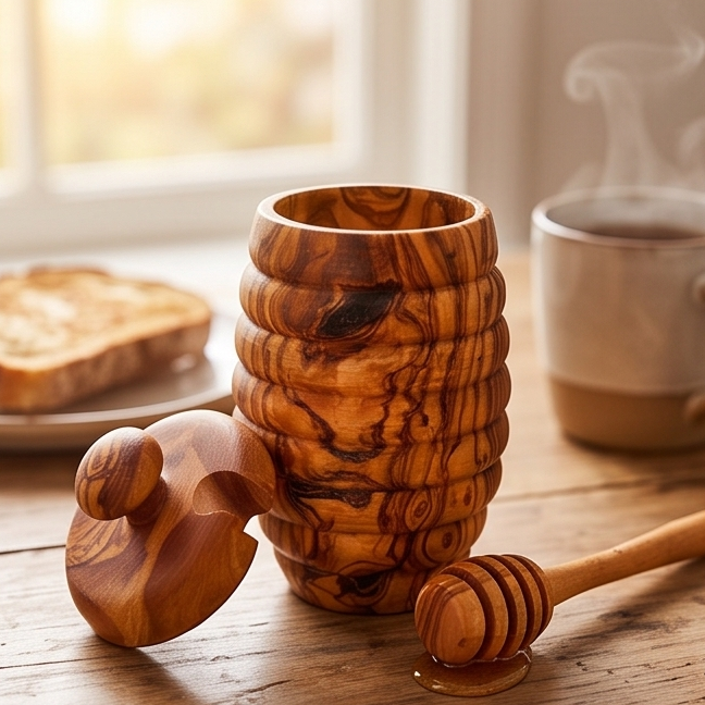 Olive Wood Wooden Honey Pot With Lid & Dipper