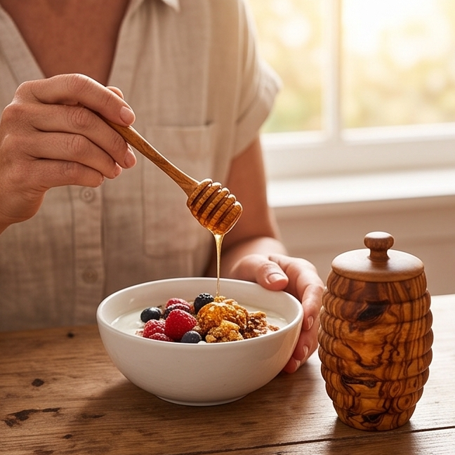 Olive Wood Wooden Honey Pot With Lid & Dipper