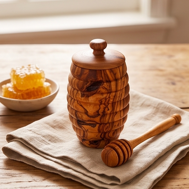 Olive Wood Wooden Honey Pot With Lid & Dipper