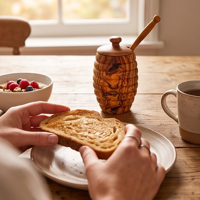 Olive Wood Wooden Honey Pot With Lid & Dipper
