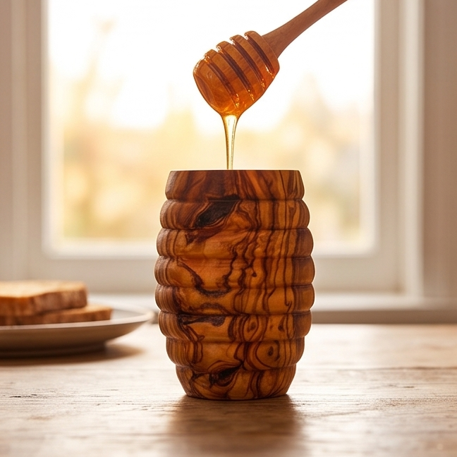 Olive Wood Wooden Honey Pot With Lid & Dipper