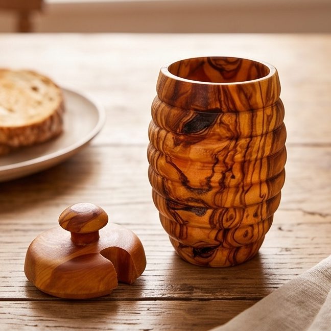 Olive Wood Wooden Honey Pot With Lid & Dipper
