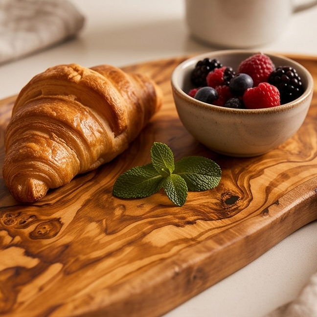 Olive Wood Irregular Shape Handcrafted Wooden Breakfast Serving Tray W/ Handles