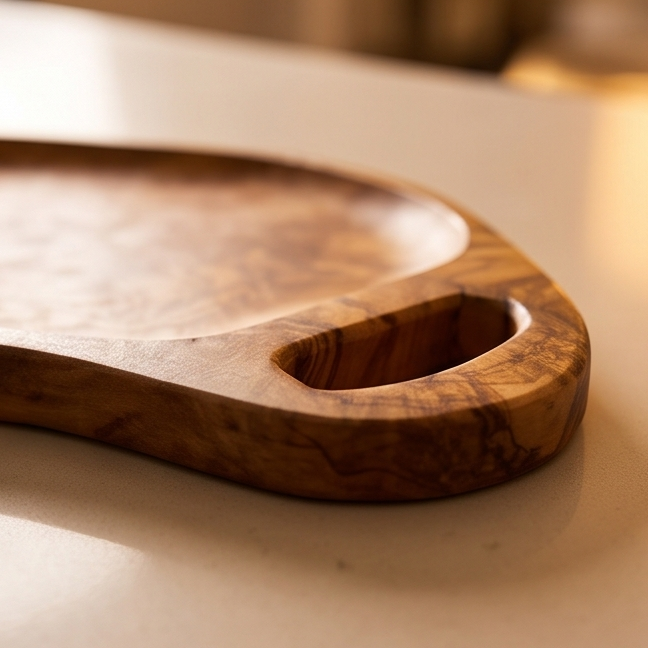 Olive Wood Irregular Shape Handcrafted Wooden Breakfast Serving Tray W/ Handles