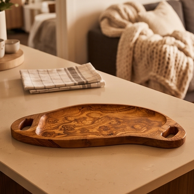 Olive Wood Irregular Shape Handcrafted Wooden Breakfast Serving Tray W/ Handles