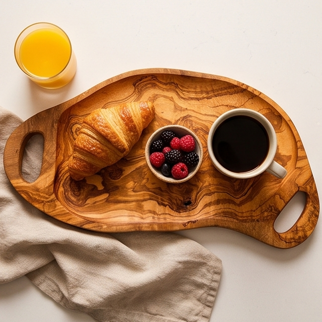 Olive Wood Irregular Shape Handcrafted Wooden Breakfast Serving Tray W/ Handles