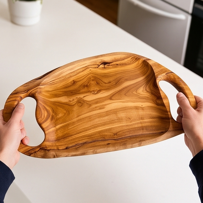 Olive Wood Irregular Shape Handcrafted Wooden Breakfast Serving Tray W/ Handles
