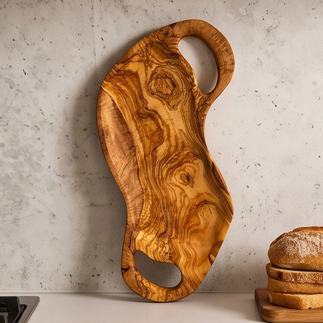 Olive Wood Irregular Shape Handcrafted Wooden Breakfast Serving Tray W/ Handles